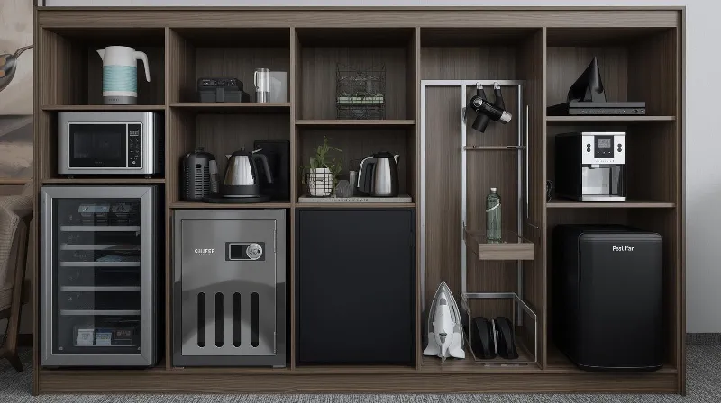 Konforun ve Düzenin Tamamlayıcısı, Otel odasının ekipmanlar alanında tüm ihtiyaçları.